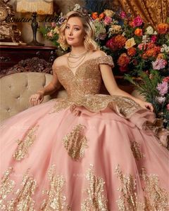 Rose pink Gold Sequin Appliques Quinceanera Dresses Off Shoulder princess Birthday Lace-Up corset Sweet 16 Dresses vestidos
