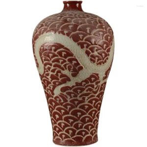 Bottles Chinese Yuan Red Glaze Porcelain Hand Carved Dragon Design Vase 12.6 Inch