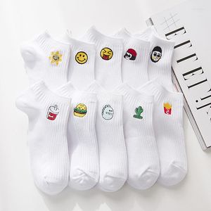 Women Socks 5pairs/lot Womens Cotton Casual Short Sock White Hapyy Funny For Girls Embroidery