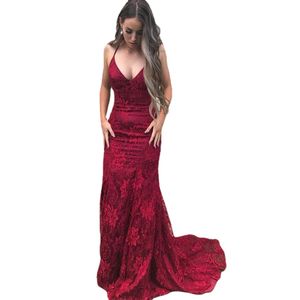 Weiyin AE0551 أنيقة V-Neckline Burgundy Mermaid Devel Dress Vestidos de Fiesta Largos de Gala Lace Long Prom Virts