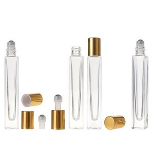 Bottiglia vuota da 10 ml con penna quadrata in vetro trasparente, con sfera in acciaio inossidabile con tappo dorato per profumo di olio essenziale Qddbw