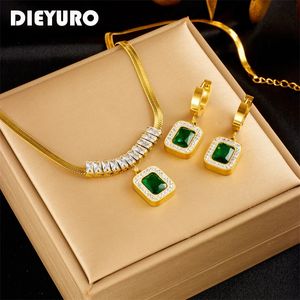 Beaded Necklaces DIEYURO 316L Stainless Steel Luxury Nonfading Square Green Crystal Zircon Pendant Necklace Earrings Jewelry Set For Women Gifts 231124