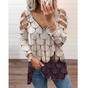 Women's Blouses & Shirts Women Strapless V Neck Print Sexy Deep Low Cut Tops Blouse Shirt Out Zipper Long Sleeve Casual Pullover Summer Plus