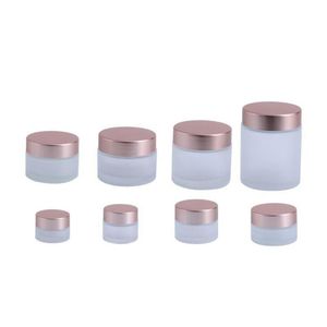 Frosted Clear Glass Jar Cream Bottle Cosmetic Container med Rose Gold Lid 5G 10G 15G 20G 25G 30G 50G 100G Packing -flaskor för Lotion L FTVA