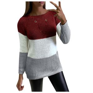 Kvinnors tröjor Kvinnor Autumn och Winter Casual Long Sleeve Color Block Sweater Crewneck Pullover Knit Jumperwomen's