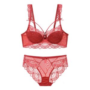 Bras Sets Sexy Thin Cup Plus size Lace Half Cup Bra with Stones Push up Bra and Panty Set Underwear Lingerie Women A B C D E Cup 230426