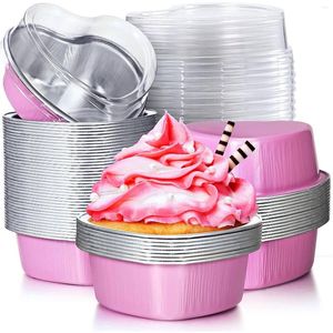 Bakeware Tools Valentine Aluminum Foil Cake Pan Heart Shaped Cupcake Cup With Lids Mini Flan Baking Cups Lid Rose Pink