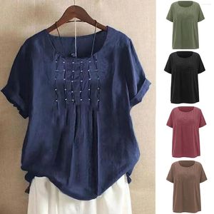 Camisetas femininas feminino rayon tops feminino de cor sólida feminina manga curta curta colheita de linho de algodão topo de gola redonda para mulheres 4x