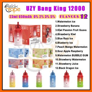 Original Uzy Bang King 12000 Puff Disposable Vapes Pen Puffs 12K 0% 2% 3% 5% Nivå Vape 650mAh Uppladdningsbar nätspole 23 ml Förfylld POD E Cigarett 12 Flavors vs Bang King