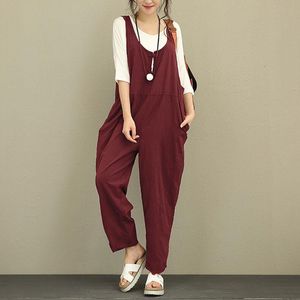 Kadın Tulumları Yük atanlar Yaz Kadınlar Sıradan Gevşek Keten Pamuk Tulum Solsuz Sırtsız Playsuit Pantolon Tulumlar Artı Boyut S-2XL 230426