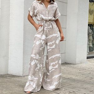 Tute da donna Pagliaccetti Summer Women Camouflage Print Playsuit Fashion Ladies Wide Leg Pagliaccetto Tuta Casual Camicia con lacci con coulisse a vita Tute 230426