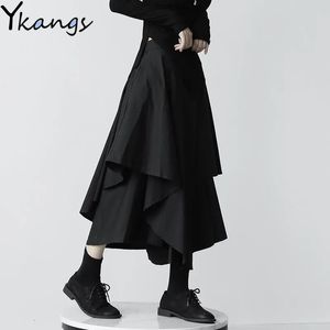 スカート日本のゴシック様式の不規則なハイウェイストプリーツスカート女性ブラックハラジュクパンクカーゴスカート夏のヴィンテージ服ロングサイア230425
