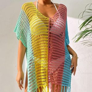 Women's Swimwear Sexy Mesh Hollow Beach Cover Ups For Women V-neck Splicing Transparent Cover-Up Bohemian Kaftan Woman Dress Tunics