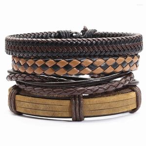 Charm Bracelets Brown Black Handmade Tree Punk 4 Pcs/set Multilayer Wood Beads Leather Men Women Homme Jewelry