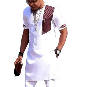 Ethnic Clothing White Patchwork African Dress Shirt Men Brand Short Sleeve African Clothes Streetwear Casual African Men Traditional Outfit 230425