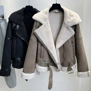 冬のフェイクシャーリングシープスキンレザーコート女性肥厚暖かいスエードラムスウールショートオートバイジャケット