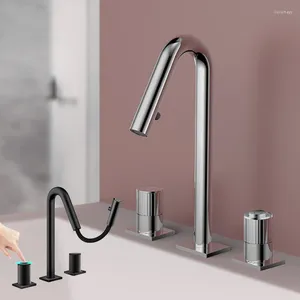 Rubinetti per lavandino del bagno Rubinetto per lavabo a 3 fori con chiave estraibile Nero 59A Pulsante intelligente in ottone Miscelatore a temperatura costante e acqua fredda Rubinetto con design curvo