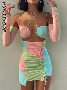 Kleider Boofeenaa Colorblock Mesh Sheer Bodycon Kleider Frauen Rave Festival Outfit von Schulterhalter Mini Kleid mit Ärmeln C85CG12