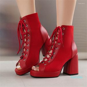 Sandalen PXELENA Punk Rome Gladiator Damen 2023 Sommer Block Chunky High Heels Lace Up Peep Toe Party Schuhe Größe 34-45 Rot