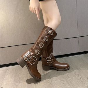 566 Woman High Knee Boots Platfrom Studded Spring Summer Knight Combat Gothic Elegant Medium Heel Women's Shoes Motorcycle Footwear 231124