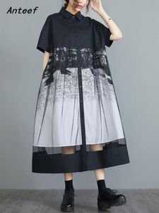 Dress short sleeve black mesh vintage floral dresses for women casual loose long summer shirt dress elegant clothing 2022