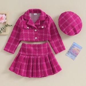 Família combinando roupas 4 7y moda crianças meninas outono roupas conjuntos 3pcs bebê manga comprida botão casaco plissado saia xadrez chapéu crianças quentes 231124