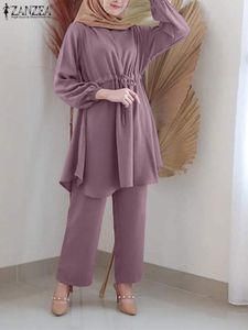 Sets ZANZEA 2023 Elegant Solid Matching Sets Women Muslim Sets Puff Sleeve Drawstring Blouses Wide Leg Pants Female Solid Tracksuits