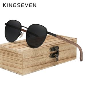 Solglasögon Kingseven Brand Polarised Wood Solglasögon för män Kvinnor UV400 Mirror Lens Male Eyewear Round Frame Handgjorda solglasögon 230426