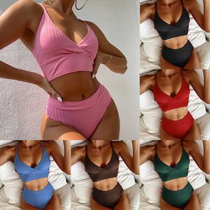 Yüzme Giyim Yüksek Bel Bikini 2022 Seksi Kadınlar Tankini Mayo Düz Renk Mayo Kadın Tank Top Çukur Stripe Bikini Set Plaj Mayo AA230425