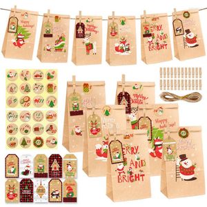 Opakowanie na prezent 24Sets Boże Narodzenie Kraft Paper Prezenty Bag Santa Snowflake Candy Cookies z naklejką na etykietę do dekoracji przyczepności świątecznej