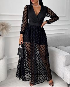 Vestidos casuais Africano 2023 Autumn Feminino Polkadot Print Wrap Manva Maxi Dress Veja através do casamento Festal formal elegante boho v