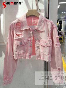 Giacche da donna Primavera e autunno Giacca di jeans rosa sfilacciata strappata Cappotto di jeans corto a vita alta allentato da donna per abbigliamento esterno Streetwear 230426