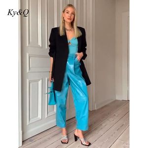 Capris Fashion Brand Leather Harem Pants Women 9 Points Trousers Blue High Waist Loose Straight Tube Bright Face Pant Spring Autumn