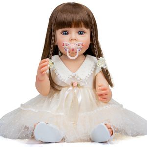 Dolls NPK 55cm Full body Silicone Reborn Toddler doll Sue-Sue Hand-detailed Painting with brown long wig hair for child Xmas gift 230426