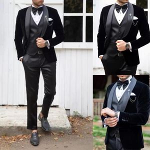 Mäns kostymer blazers svart sammet brudgum bröllop tuxedos herrar party prom pants kappa affär slitage 2 bitar mens