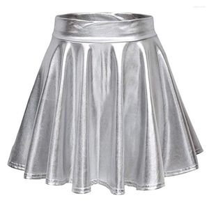 Skirts Womens Glossy Patent Leather Flared Mini Skirt Club Bar Pole Dance Performance Costume Silver A-Line Short