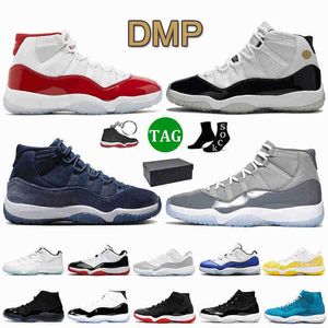 Med Box Jumpman 11 basketskor Cherry 11s DMP Midnight Navy Cool Gray Retro Bred Women Mens Trainers Low Cement Grey Gul Snakesskin Concord Spa