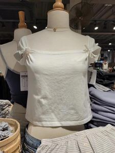 Kadın Tişörtleri Beyaz Tatlı Yay İnce Kısa Kollu Gömlek Kadın Yaz Seksi Kare Yaka Pamuk Tees Giysileri Harajuku Sevimli Vintage Crop TOP