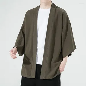 メンズカジュアルシャツプラスサイズM-5XLサマースプリングコットンリネン着物は男性用ヴィンテージの日本ストリート通気路haoriトップスゆく