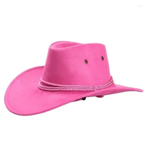 Beralar sahte süet kovboy şapkası geniş kısrak cowgirl festival için ip rüzgar geçirmez