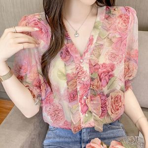 Women's Blouses Shirts Floral Print Elegant V-Neck Chiffon Fashion Folds Short Sleeve Button Pullovers Shirt Summer Casual Clothes 230426