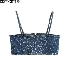 Camisoles Tanks Keyanketian Women Sexy Jewel Ornament Drilling Denim Sling Blouse feminina Backle Strap Blusas Chic Crop Tops 230425