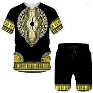 Tute da uomo T-shirt/pantaloncini/completo Dashiki africano colorato Uomo Casual Stampa 3d Etnico Maniche corte Folk-custom Estate Set da 2 pezzi