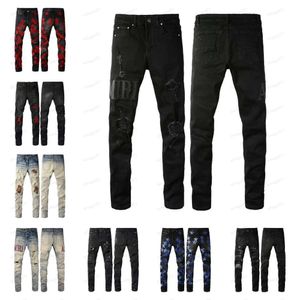 designer amirs Mens Mens Jeans High Street Purple Jeans for mens Embroidery pants Womens Oversize Ripped Patch Hole Deni 8696