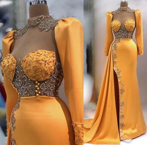 2023 April Aso Ebi Yellow Mermaid Prom Dress Lace Crystals Beaded Evening Formal Party Second Reception Birthday Engagement Gowns Dress Robe De Soiree ZJ647