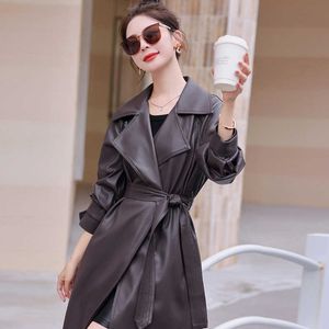 Blusão de couro preto feminino, nova tendência de jaqueta de couro de comprimento médio 1r
