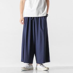 Men's Pants Loose Chinese Style Plus Size Wide 2023 Cotton Linen Casual Cropped Trousers Summer Thin Harajuku Hakama Men Clothing