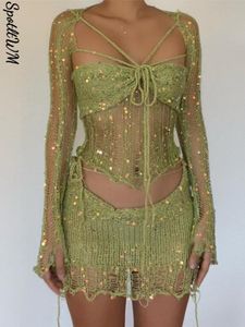 Zweiteiliges Kleid Pailletten gestrickt aushöhlen vierteiliges Set Frauen ärmelloses kurzes Oberteil Midi figurbetonter Rock Anzug Sommer Strand weibliche Outfits 230425