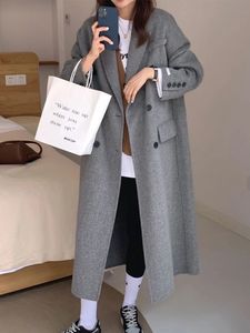 Kvinnors ull blandar vinterlång kappa kvinnor tjock varm jacka kvinnlig koreansk mode lös utkläder damer casual hylsa cardigan rockar 231124