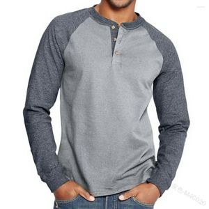 Men's T Shirts 2023 Spring Autumn Henley Color Black Patchwork Tees Mens Fashion Vintage Button V Neck Long Sleeve Shirt Man Tops